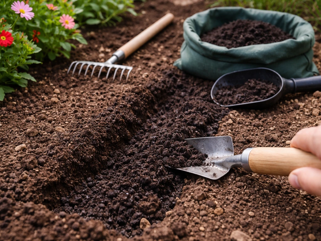 Compost being lightly mixed into flower bed soil with a trowel, rake nearby, in natural light.