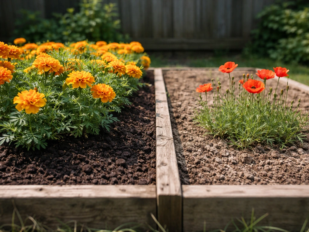 Two small garden plots: compost-amended marigolds thriving beside lean-soil poppies needing care