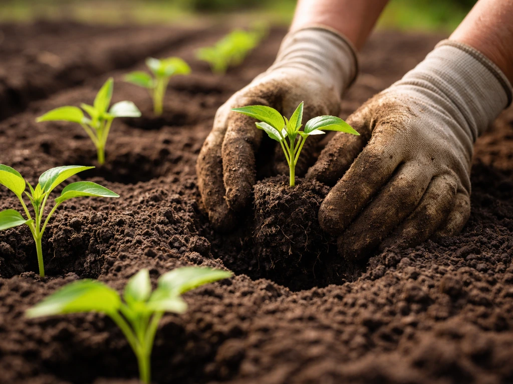 Hands transplanting small seedlings into compost-amended soil bed with visible root balls
