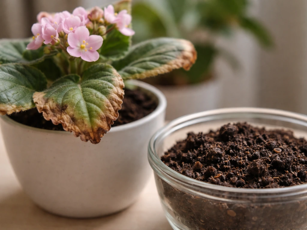 Flowering plant leaves with browned, crispy edges next to a bowl of rich-looking compost