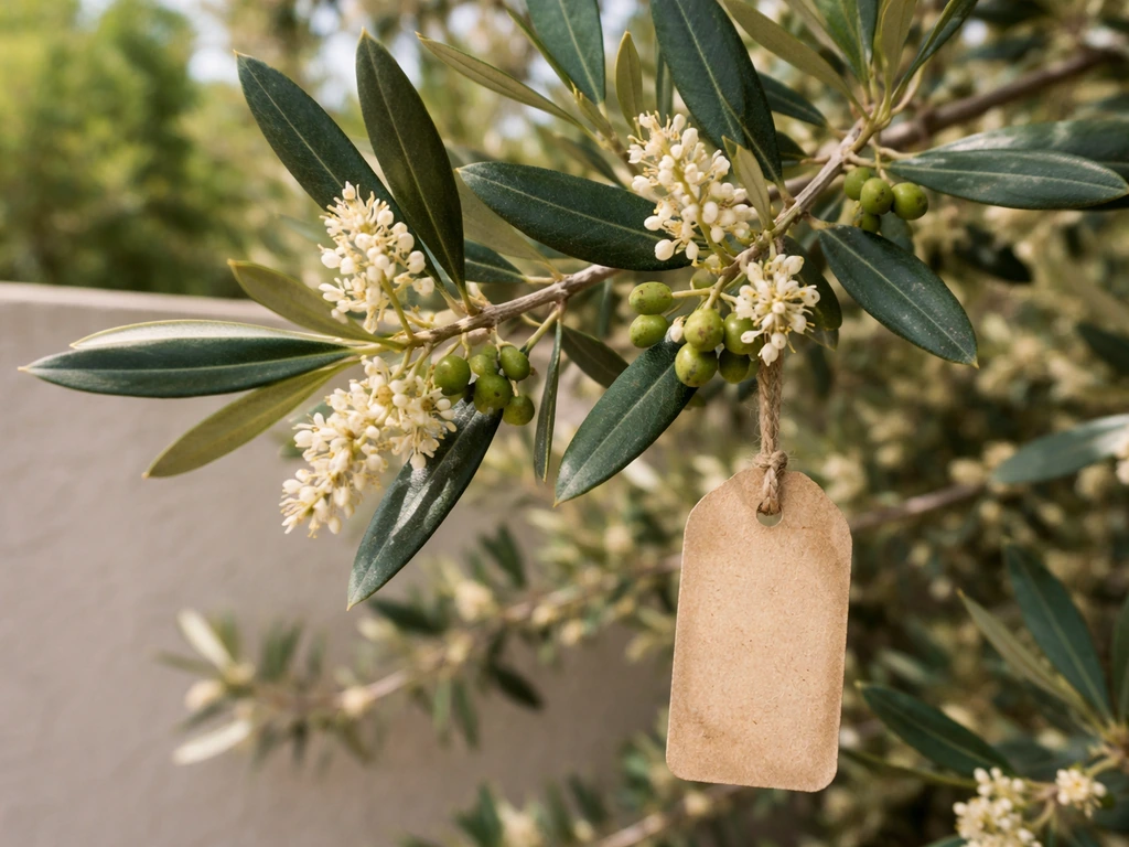 Close-up of a plant tag on an olive branch with small blossoms and developing olives.