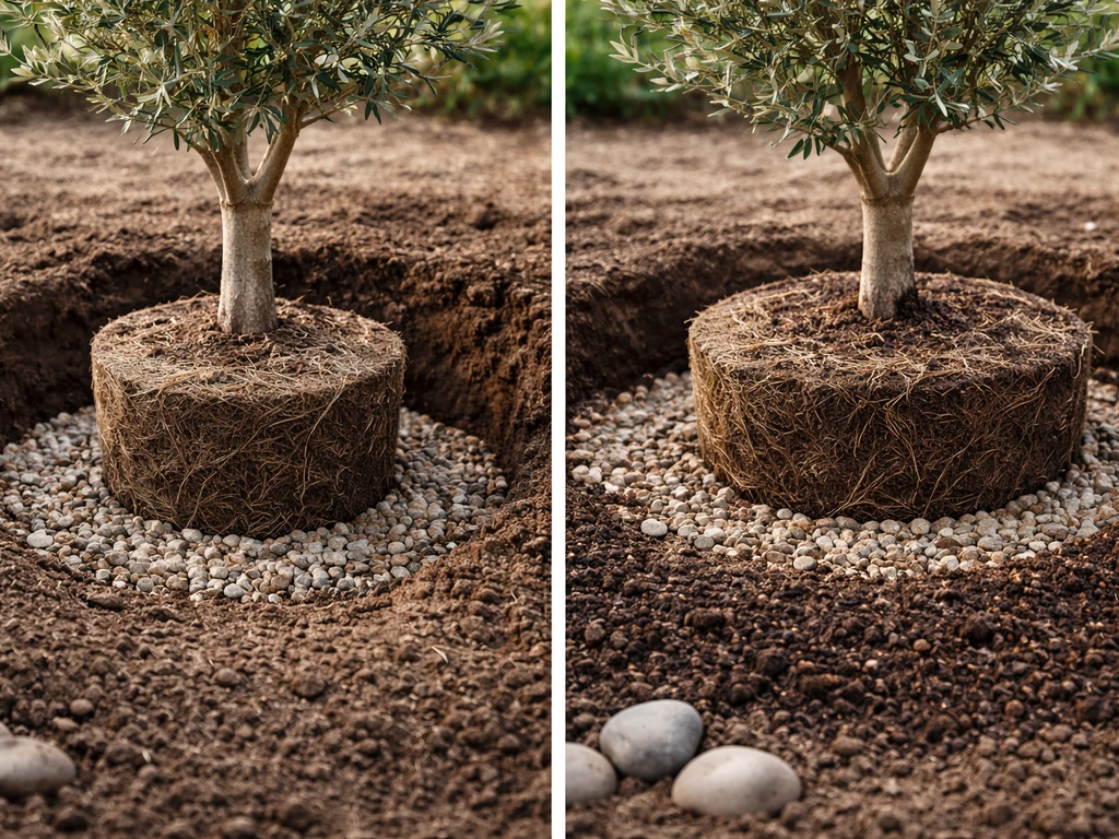 Two olive tree plantings: root ball in ground with gravel drainage vs. raised container mound