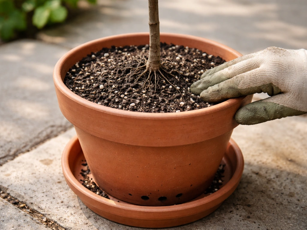 Close-up of a small tree in a pot with drainage holes and a saucer preventing standing water.