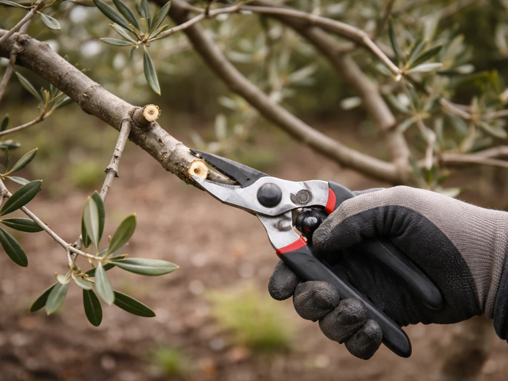 Gloved hands pruning an olive tree canopy with fresh cuts during late winter for better flowering light