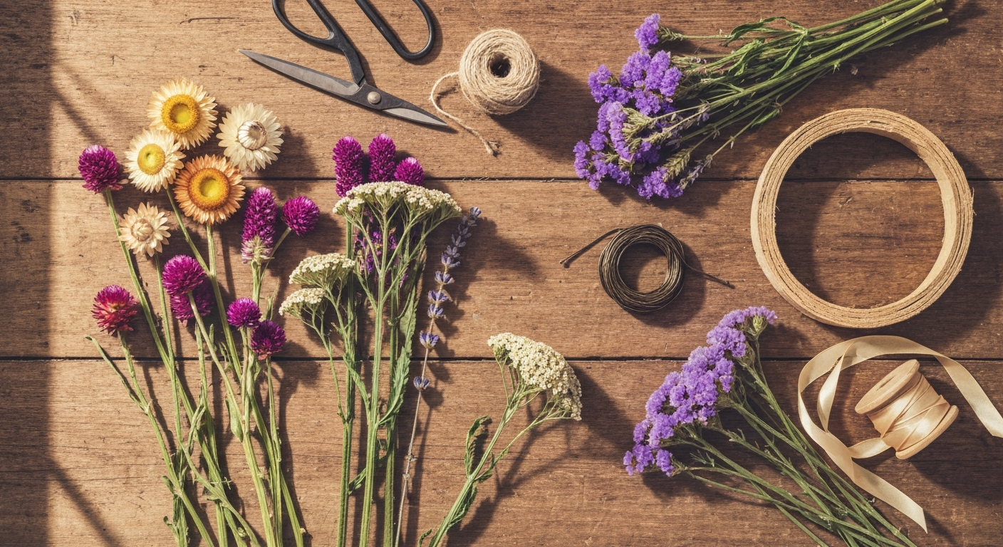Flatlay of assorted dried everlasting flowers and wreath-making supplies on a wooden table, styled for crafting.