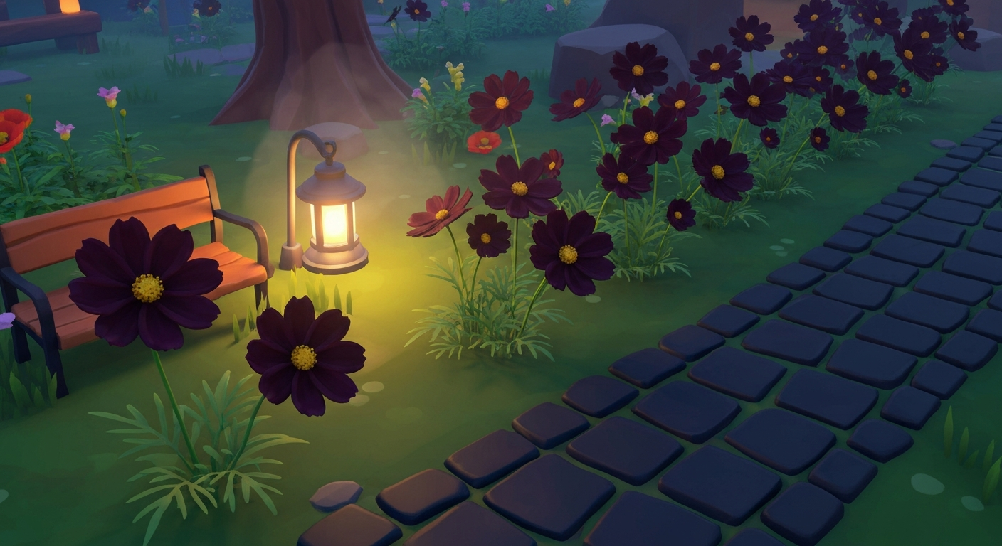 Stylized dusk island garden scene with black cosmos lining a dark stone path, soft lantern light, and a wooden bench; emphasis on deep burgundy blooms in a game-like low-poly aesthetic.