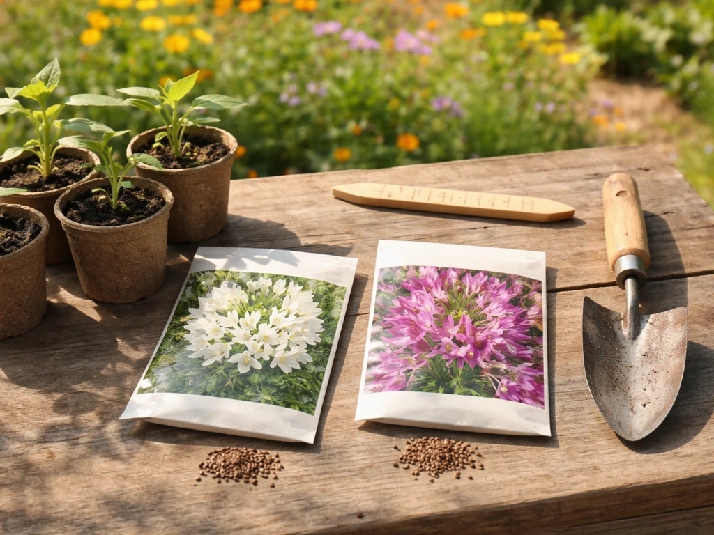 Two cleome seed packets and small seedlings on a sunlit garden work surface.