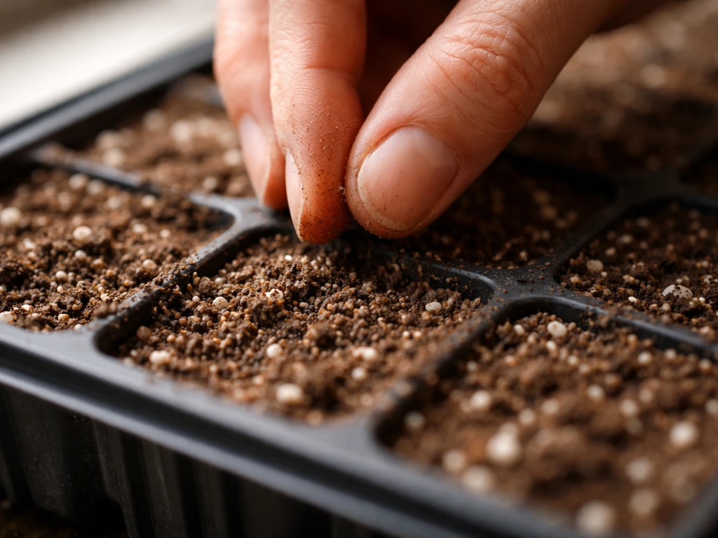 Hands placing tiny cleome seeds shallowly into a light seed-starting tray, showing soil texture and spacing.