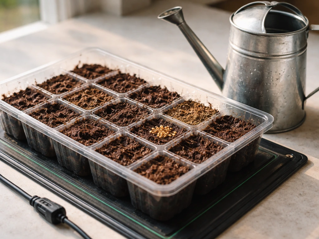 Close-up of seed-starting tray with dry soil and a watering can beside it, showing germination troubleshooting setup.