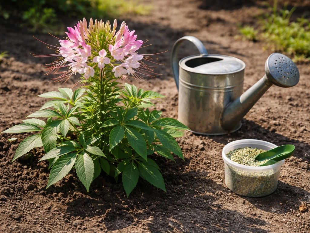 Established cleome in full sun with a watering can and small fertilizer nearby for light ongoing care.