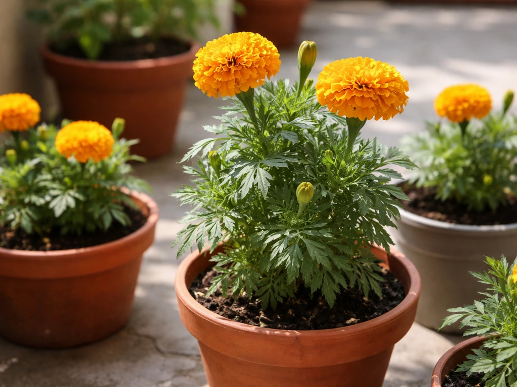 Bright home garden containers with healthy zendu marigold plants and vivid orange-yellow blooms in full sun