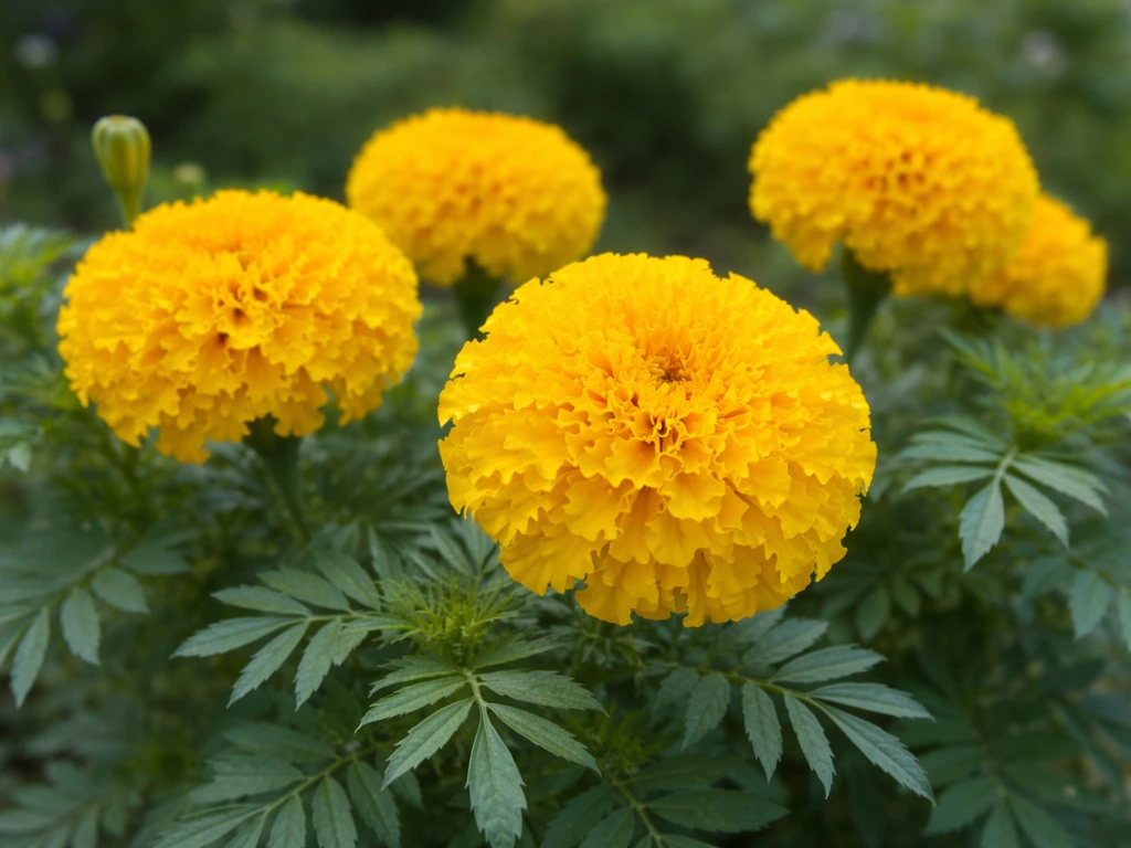 Close-up of Tagetes erecta zendu marigold flower heads and green foliage in natural light