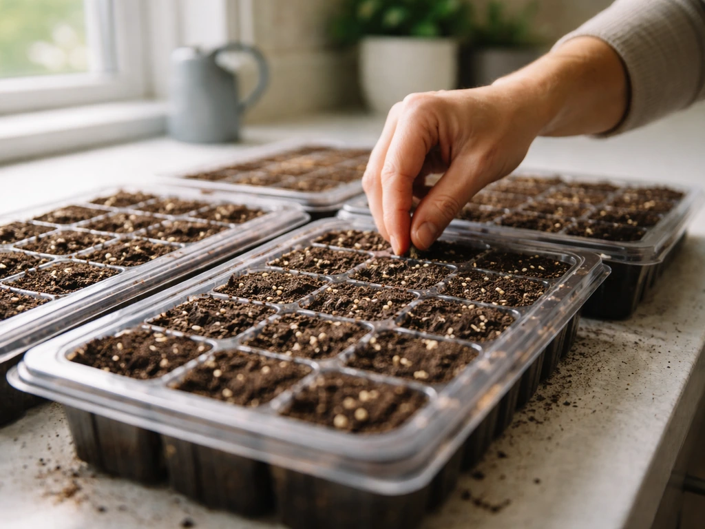 Hand sowing seeds into cell trays filled with seed-starting mix under a sunny window.