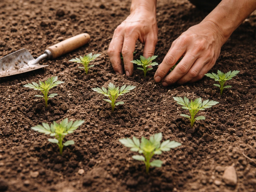 Marigold seedlings with first true leaves spaced in a prepared outdoor garden bed