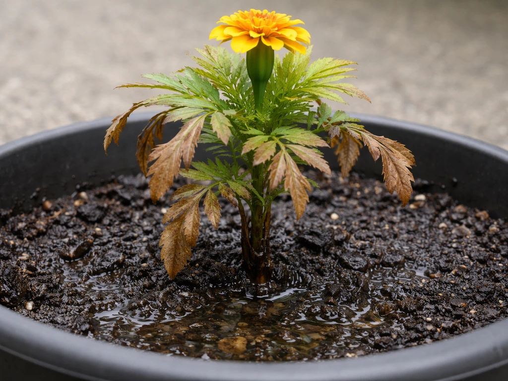 Close-up of marigold leaves with browning tips and wet, dark container soil with a mushy stem base.