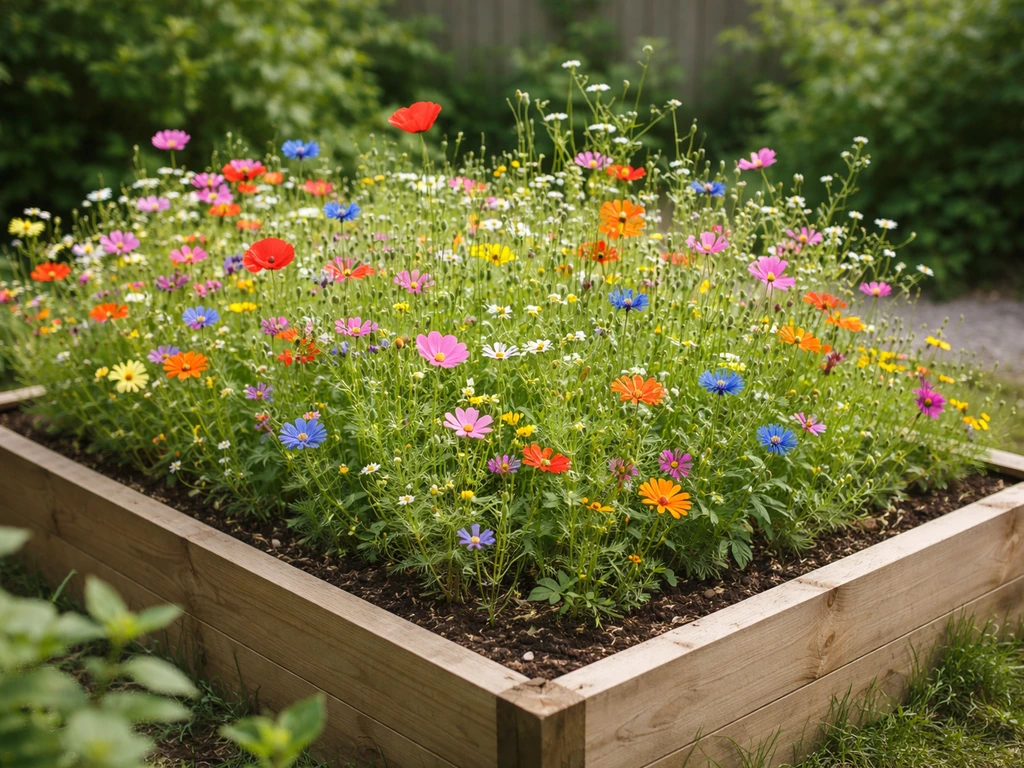 Flourishing wildflowers in a wooden raised bed in a sunny backyard garden.