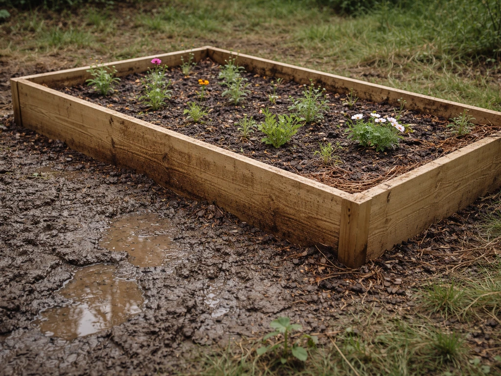 Raised bed filled with young wildflowers beside damp, waterlogged clay soil after rain.