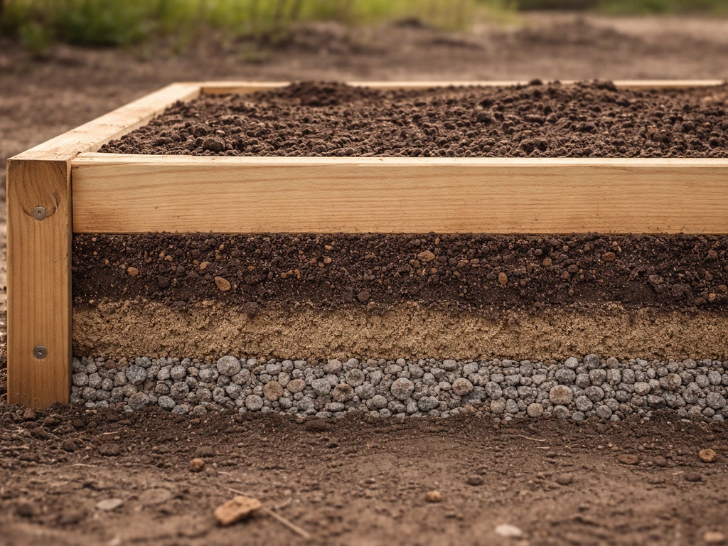 Side cutaway of a raised garden bed showing layered soil depth, drainage gravel, and modest compost amendments