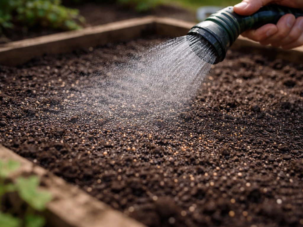 Fine mist watering a small seeded garden bed right after sowing, barely covering tiny seeds.