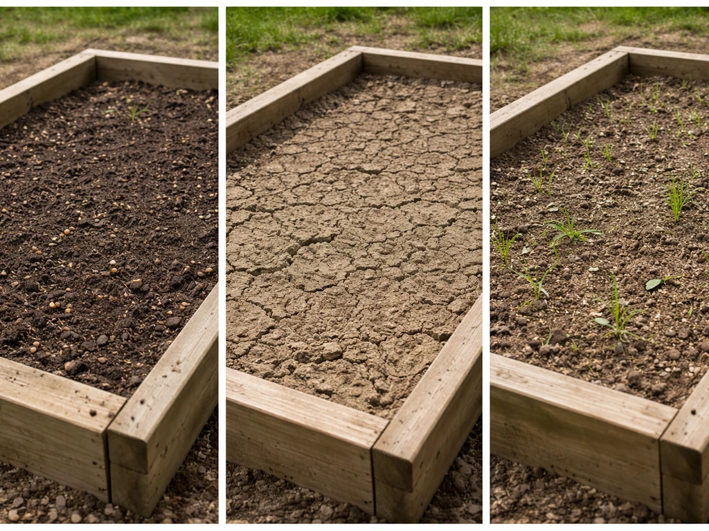 Three raised-bed sowing close-ups showing bare spots, hard soil crust, and weedy-looking seedlings.