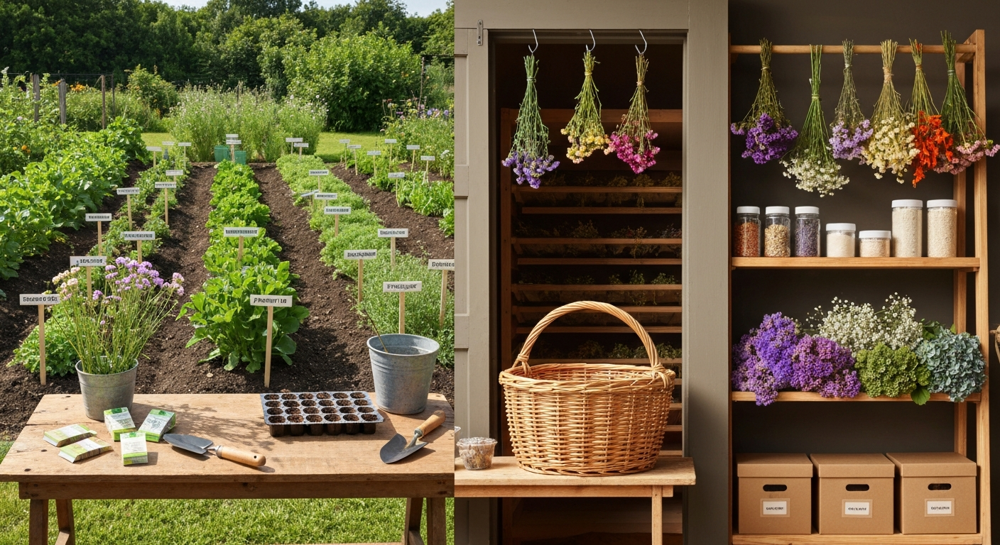 Split-scene photo: sunny cutting garden with labeled rows of drying-flower varieties and a potting bench, beside a warm dark drying room with bunches of flowers hanging to dry.