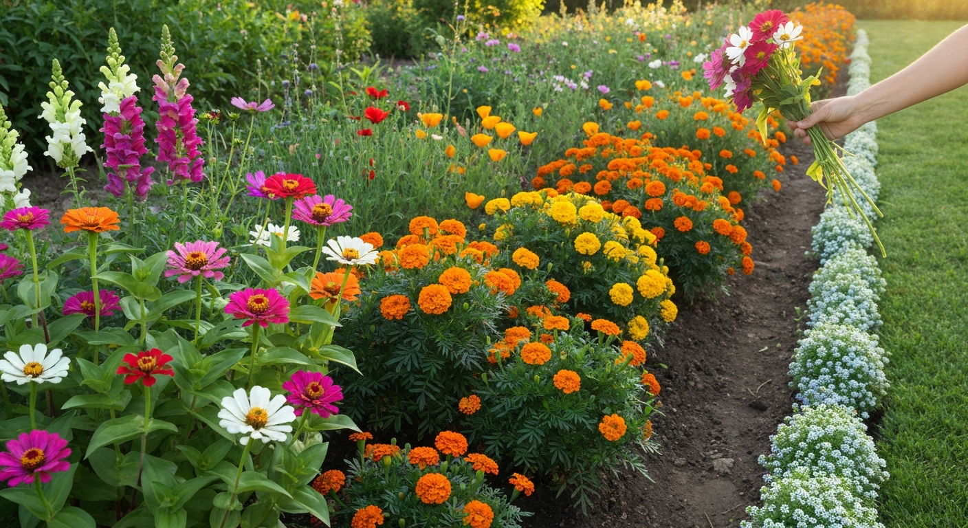 Wide-angle photo of a thriving garden bed with zinnias, cosmos, snapdragons, marigolds, poppies and alyssum, a gardener harvesting a stem, and pollinators visiting.