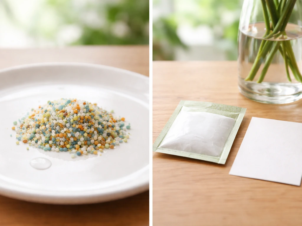 Split image: fertilizer granules on left and a florist packet beside cut stems in a vase on right.