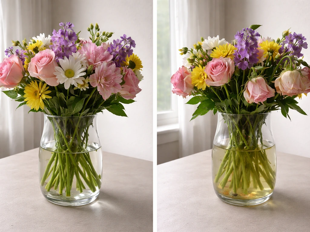 Side-by-side vases of cut flowers: one fresh and upright, the other wilted and leaning after days.