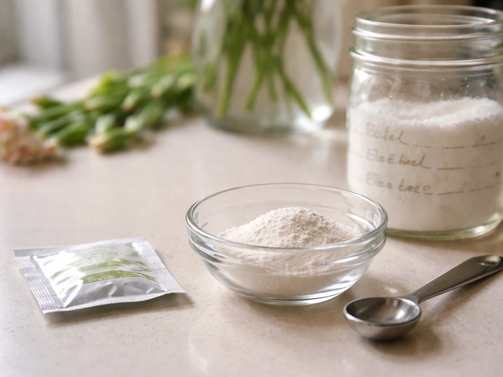 Close-up of a commercial flower food packet beside a DIY powder mix for vase water.