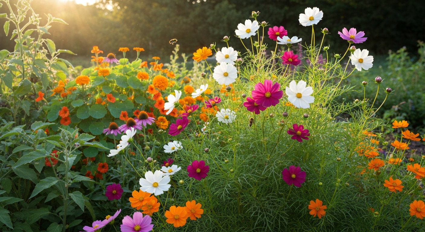 Midsummer cutting garden with pink and orange cosmos interplanted with marigolds, zinnias, nasturtiums, coneflowers, and tomato plants, bees visiting flowers.