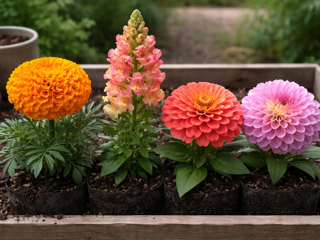African marigold, snapdragon, zinnia, and dahlia blooms side by side showing different sizes