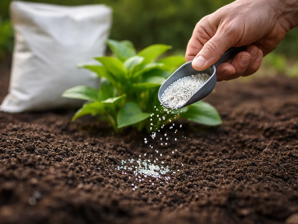 Hand sprinkling granular fertilizer onto a soil garden bed near healthy green leaves.
