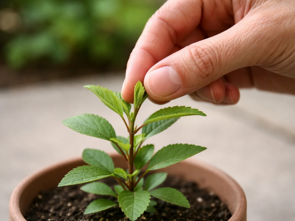 Close-up of a hand pinching the growing tip of a young ornamental plant to encourage bushier growth.