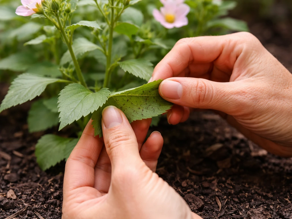 Gardener inspecting a plant’s leaves for pests beside fresh mulch and healthy blooms
