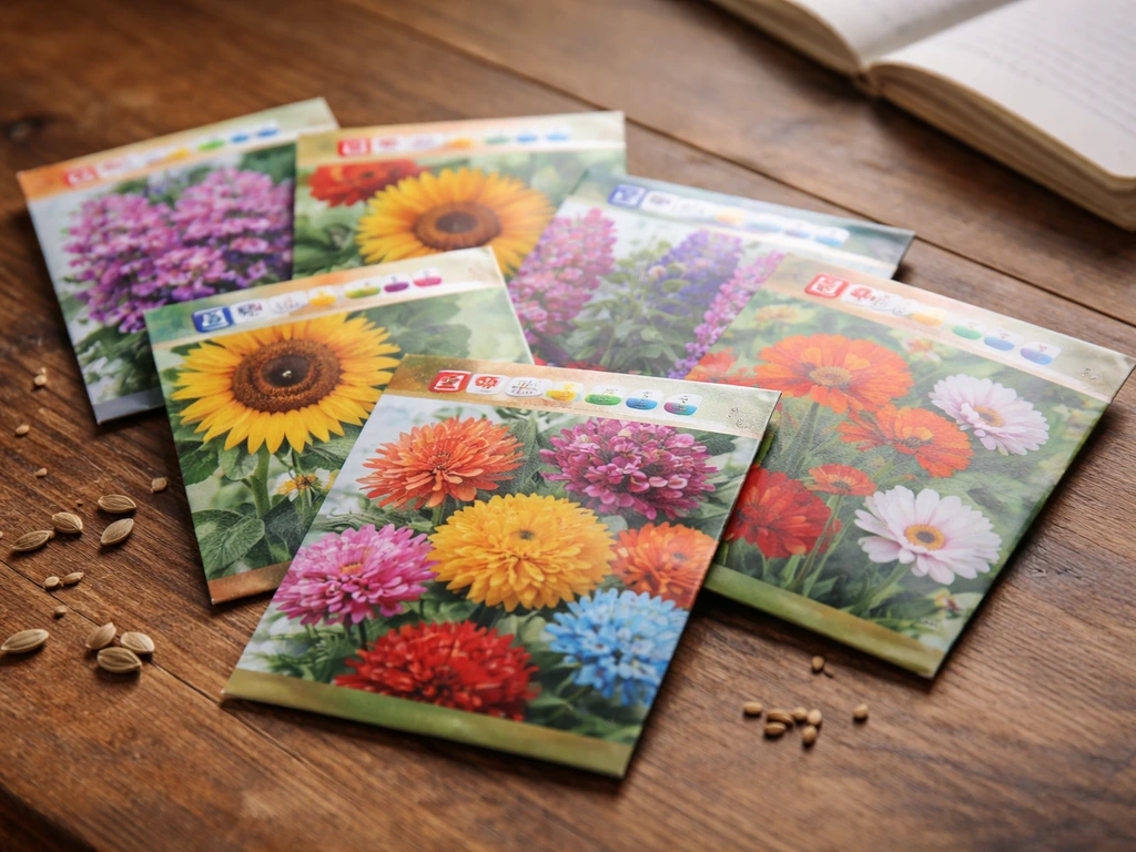 Assorted flower seed packets laid out on a table with a hardiness-zone concept visible on packaging