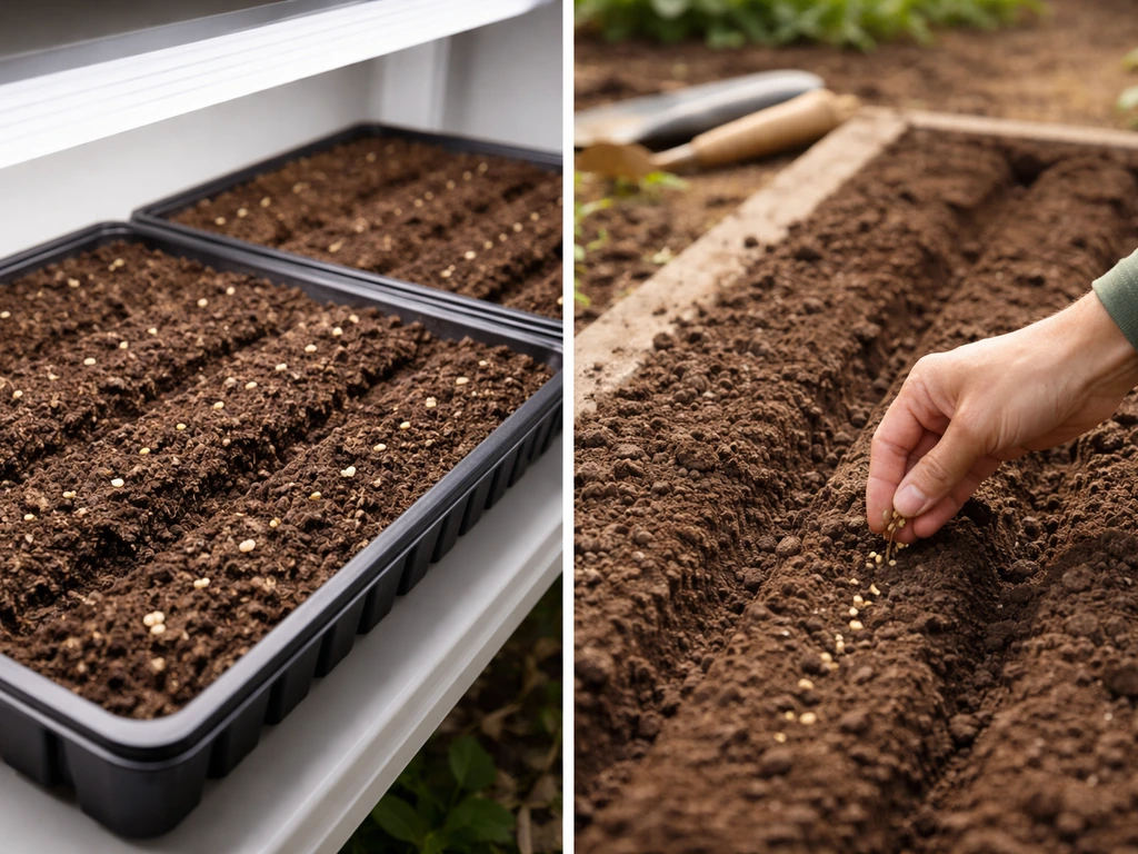 Indoor seed trays under a grow light beside an outdoor garden bed with seeds being sown.