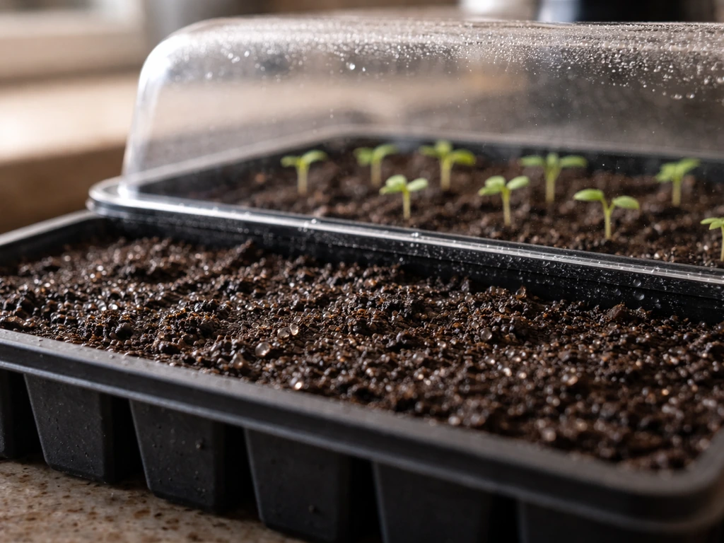 Misted seedling tray with a clear humidity dome and tiny sprouts emerging from moist soil.