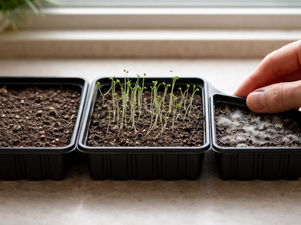 Three seed trays showing no sprouting, leggy seedlings, and moldy overwet soil, with natural light.