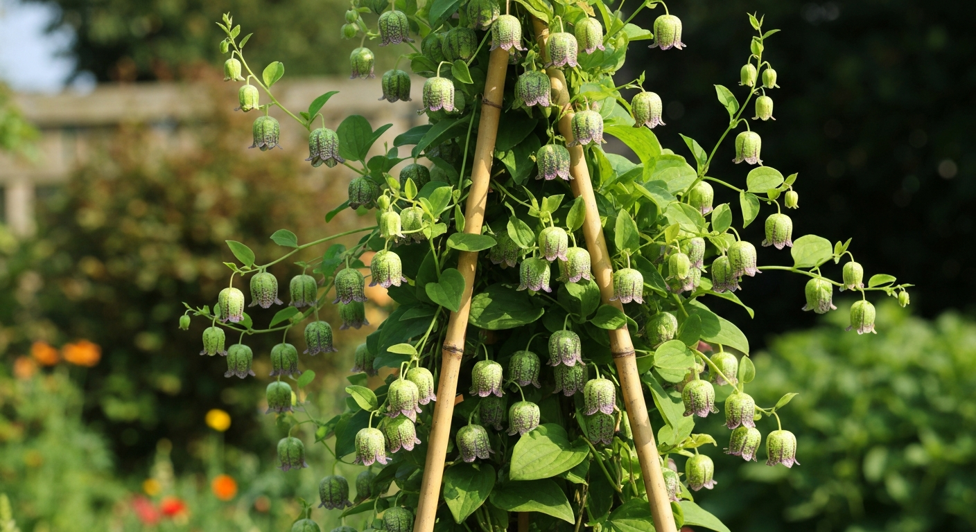 Codonopsis vine with greenish-purple spotted bell flowers climbing a bamboo tripod trellis in late summer.