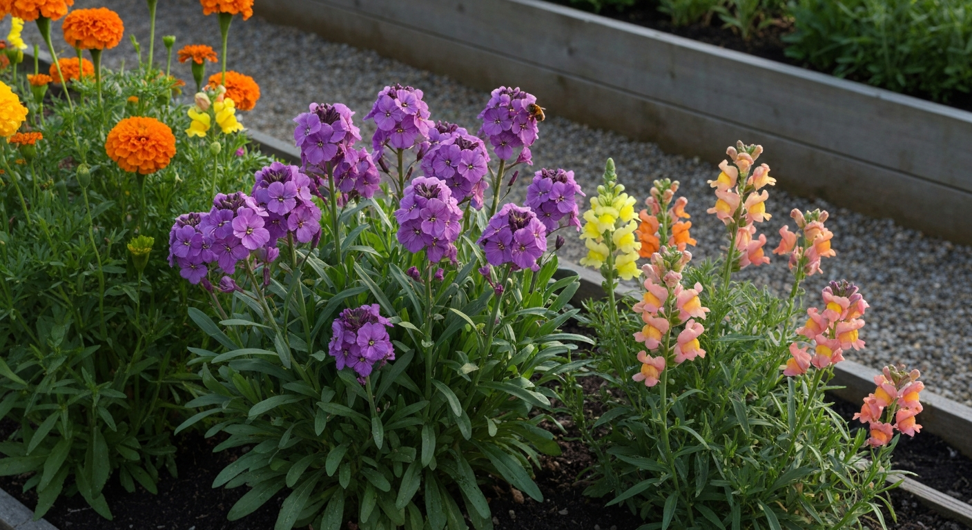 Sunlit border of perennial wallflowers (Erysimum) including 'Bowles's Mauve' and mixed-color cultivars in a well-drained raised bed, bees visiting the blooms.