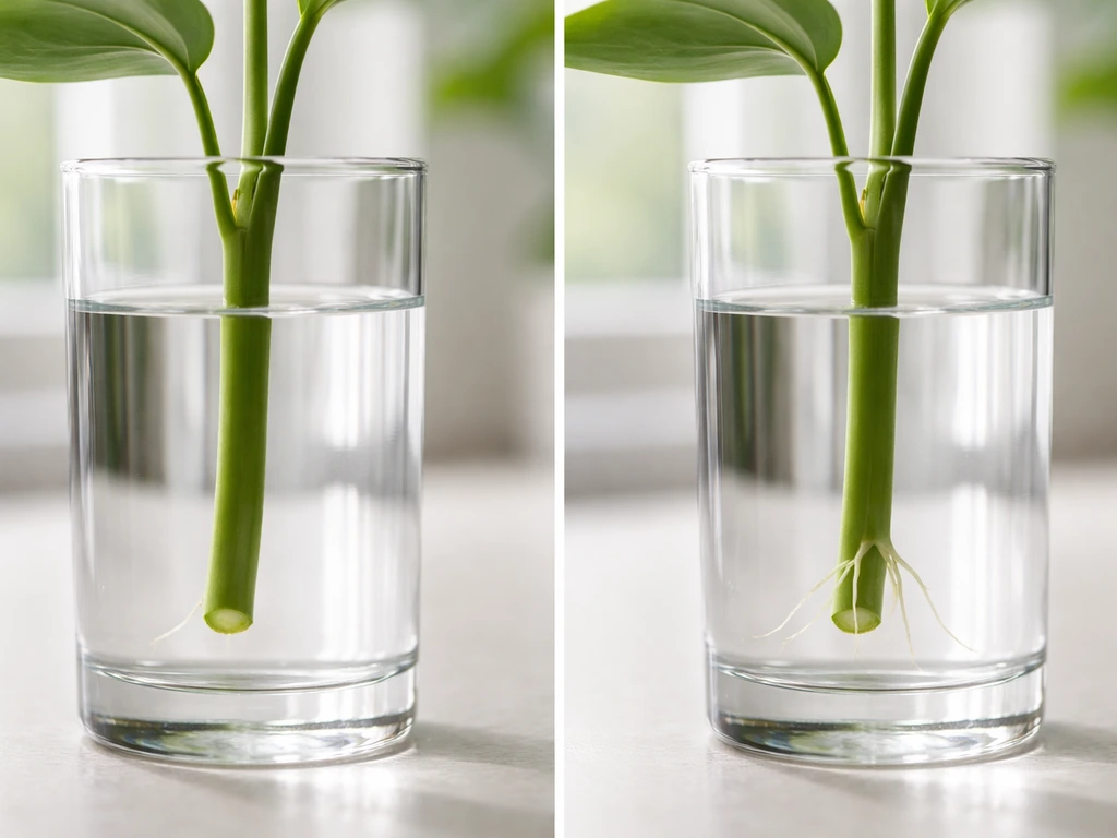 Split image: cut stem in water with no roots vs early roots forming in a clear glass vessel.