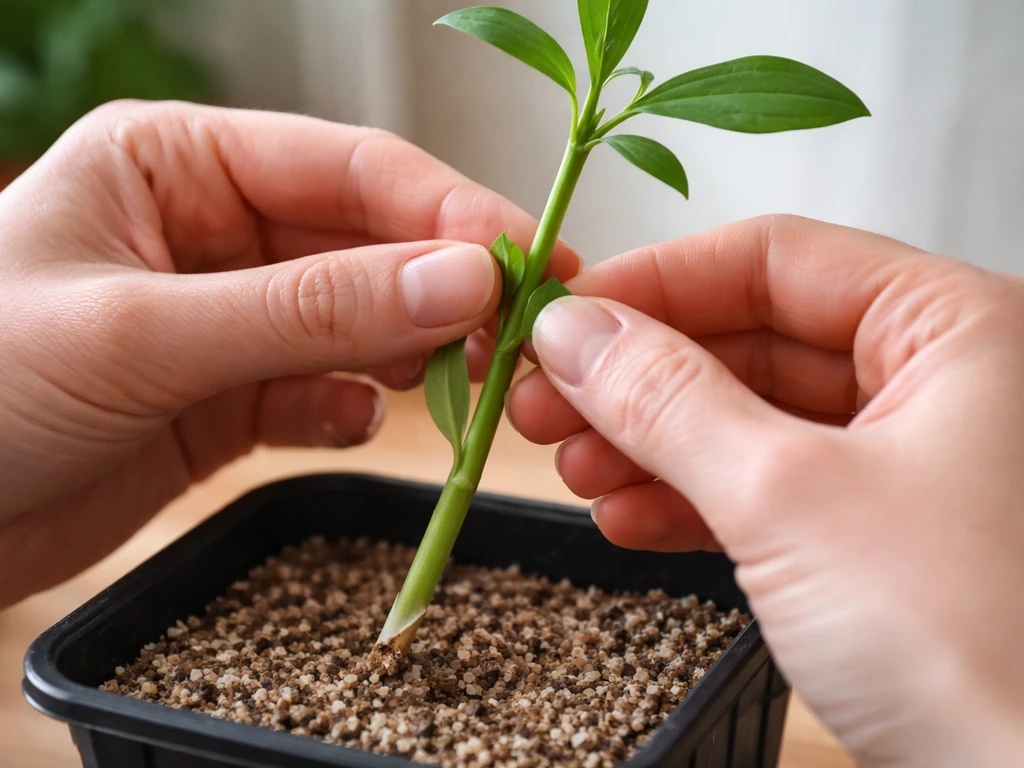 Close-up of hands stripping lower leaves and making a clean angled cut on a plant stem for rooting.