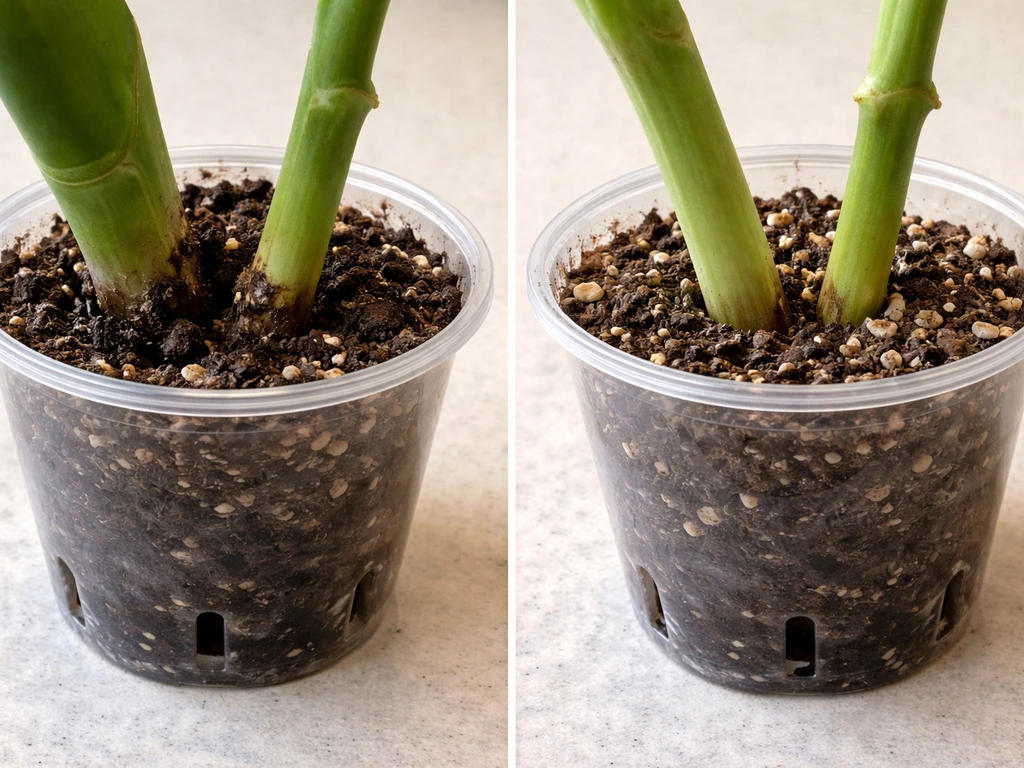 Healthy and rotting plant stem bases in separate pots showing effects of excess moisture and poor drainage.