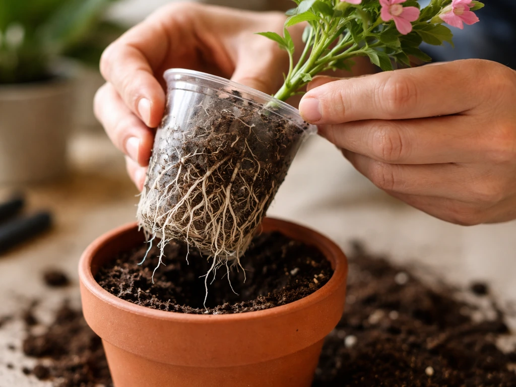 Rooted cutting being moved from a clear container into a small pot with potting mix, roots clearly visible.