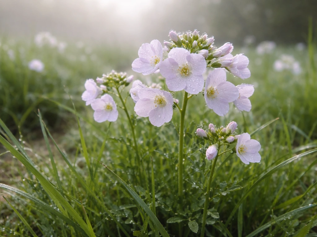 Blooming cuckoo flower in a damp meadow with soft misty light and fresh green foliage.