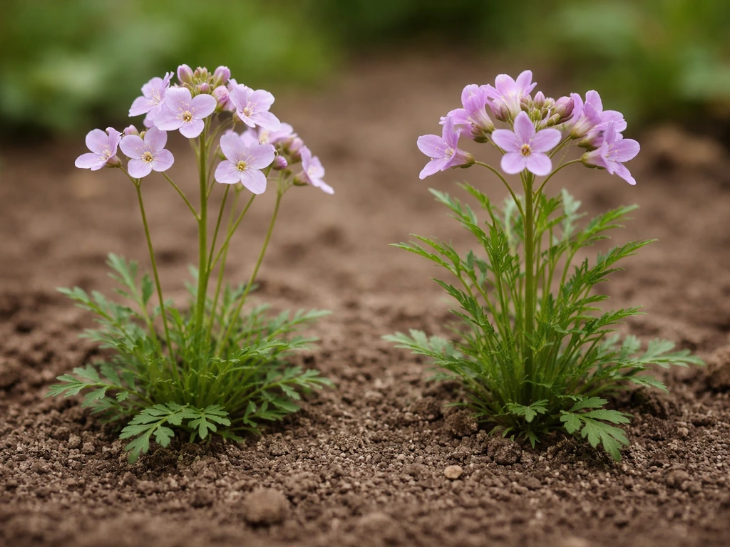 Side-by-side closeups of cuckoo flower and a lookalike imposter showing leaf and flower differences.