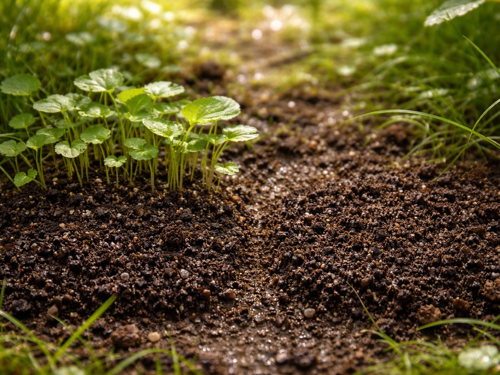 Seedlings in moist peat-free soil under dappled sunlight, with nearby damp soil texture comparison.
