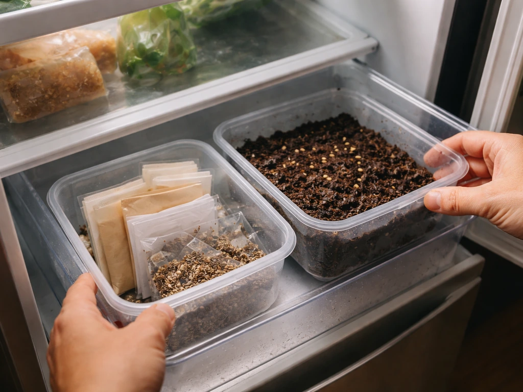 Gardener’s hands by a fridge with seeds in a container and damp potting compost ready to sow.