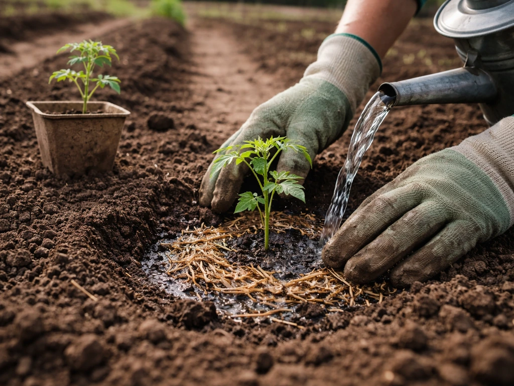Gloved hands place a seedling into a garden hole, then water it and mulch around the base.