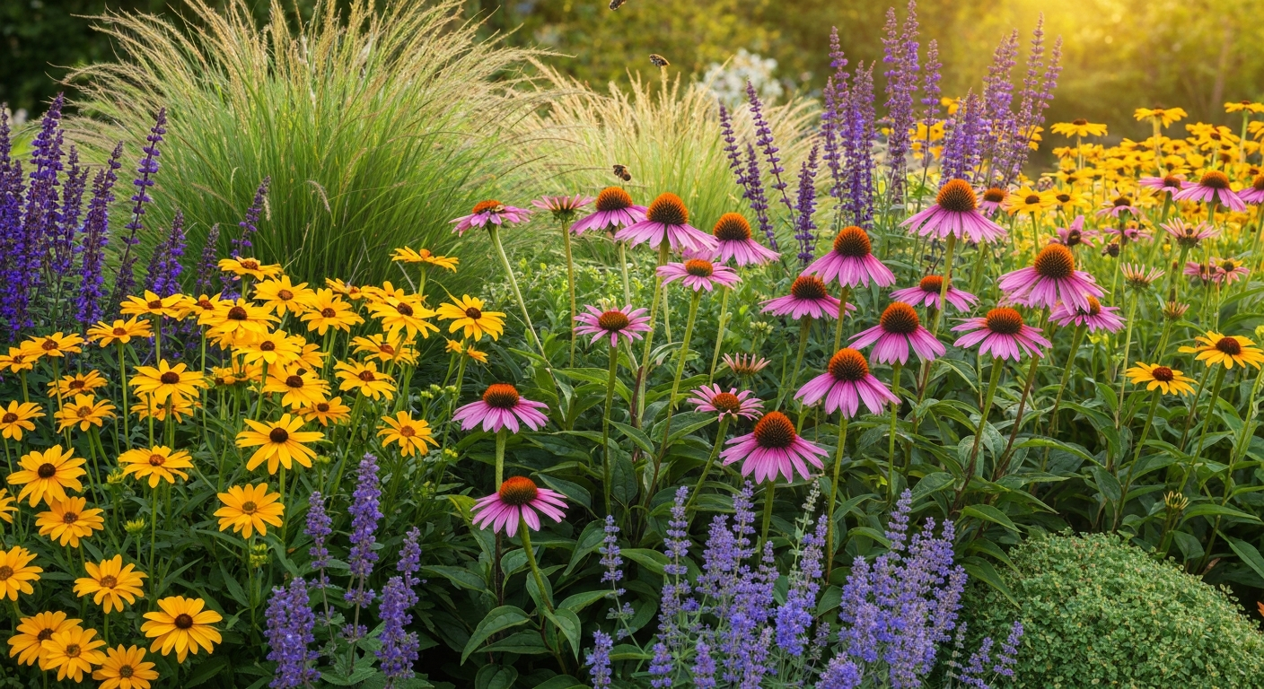 Sunlit border of pink coneflowers mixed with yellow rudbeckia, purple salvia, blue nepeta and feathered grasses with bees visiting.